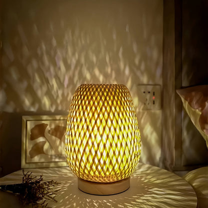 Tafellamp Bohemian met Gevlochten Bamboe Kap en Dimbare Touch Bediening