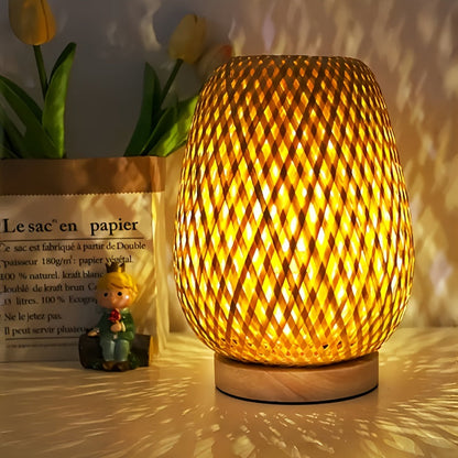Tafellamp Bohemian met Gevlochten Bamboe Kap en Dimbare Touch Bediening