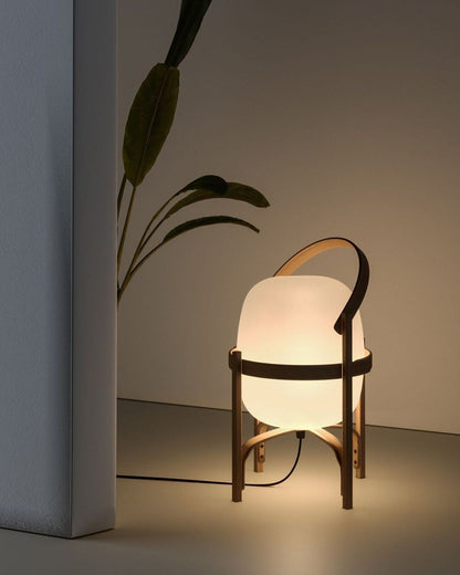 Tafellamp Lantaarn Scandinavisch met Glazen Bol en Houten Frame