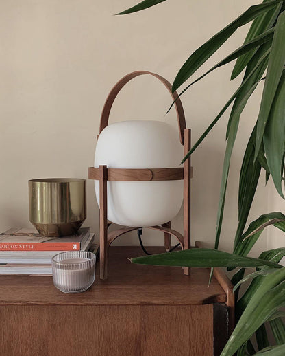 Tafellamp Lantaarn Scandinavisch met Glazen Bol en Houten Frame
