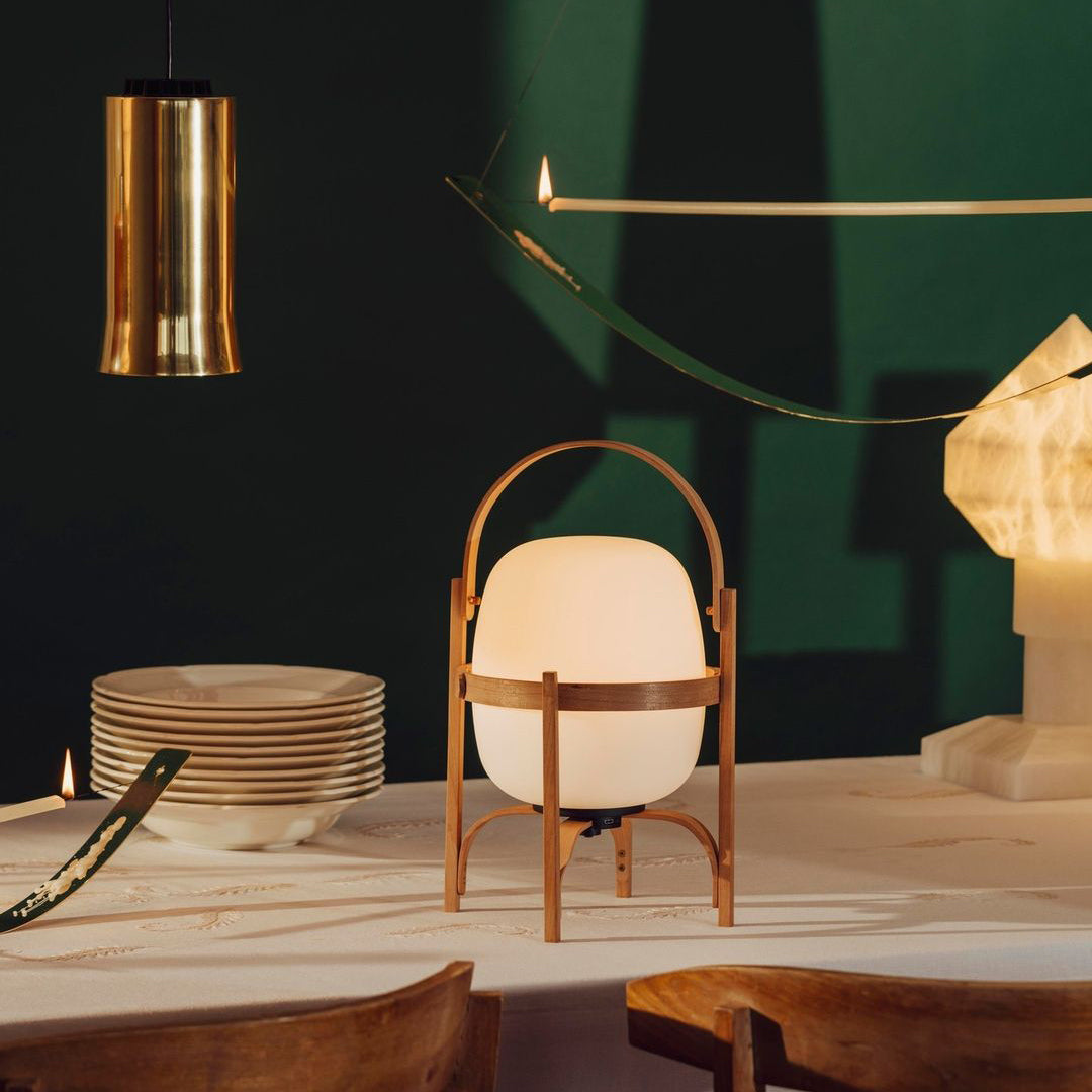 Tafellamp Lantaarn Scandinavisch met Glazen Bol en Houten Frame