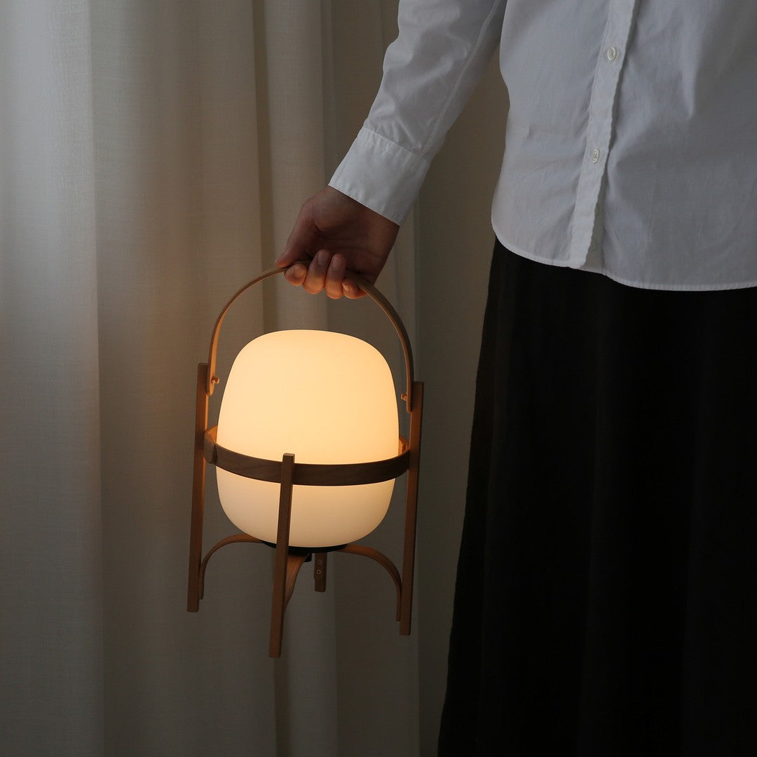 Tafellamp Lantaarn Scandinavisch met Glazen Bol en Houten Frame