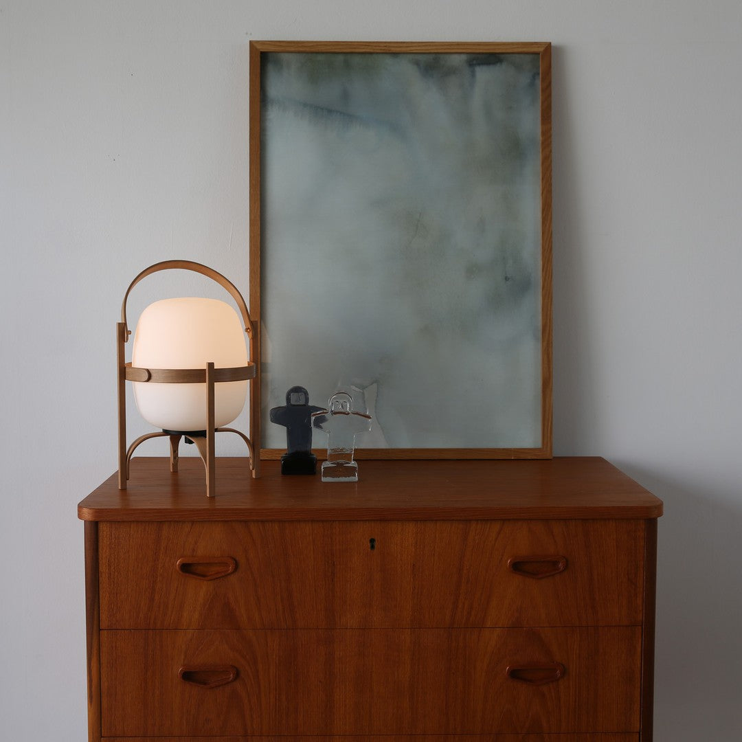 Tafellamp Lantaarn Scandinavisch met Glazen Bol en Houten Frame