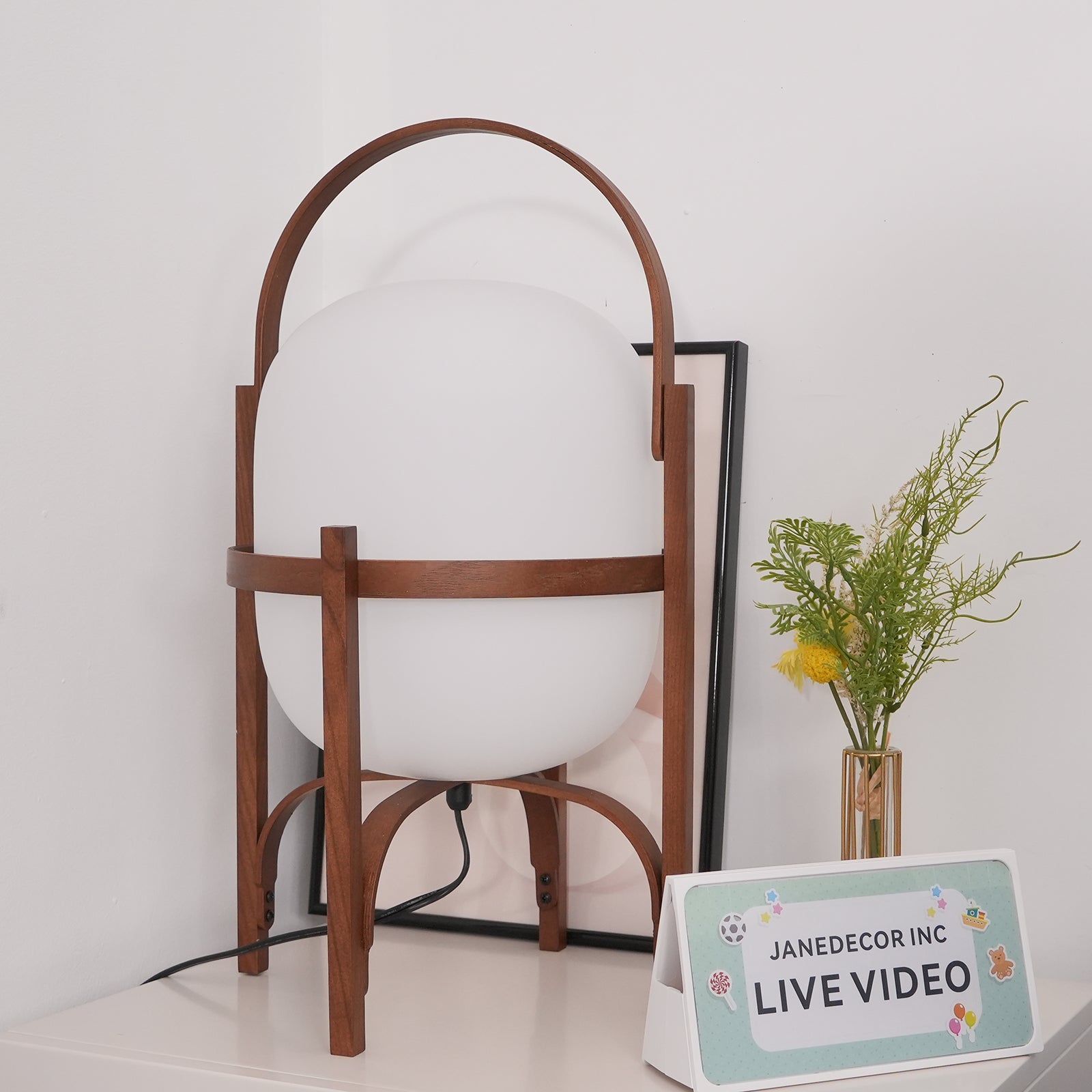 Tafellamp Lantaarn Scandinavisch met Glazen Bol en Houten Frame