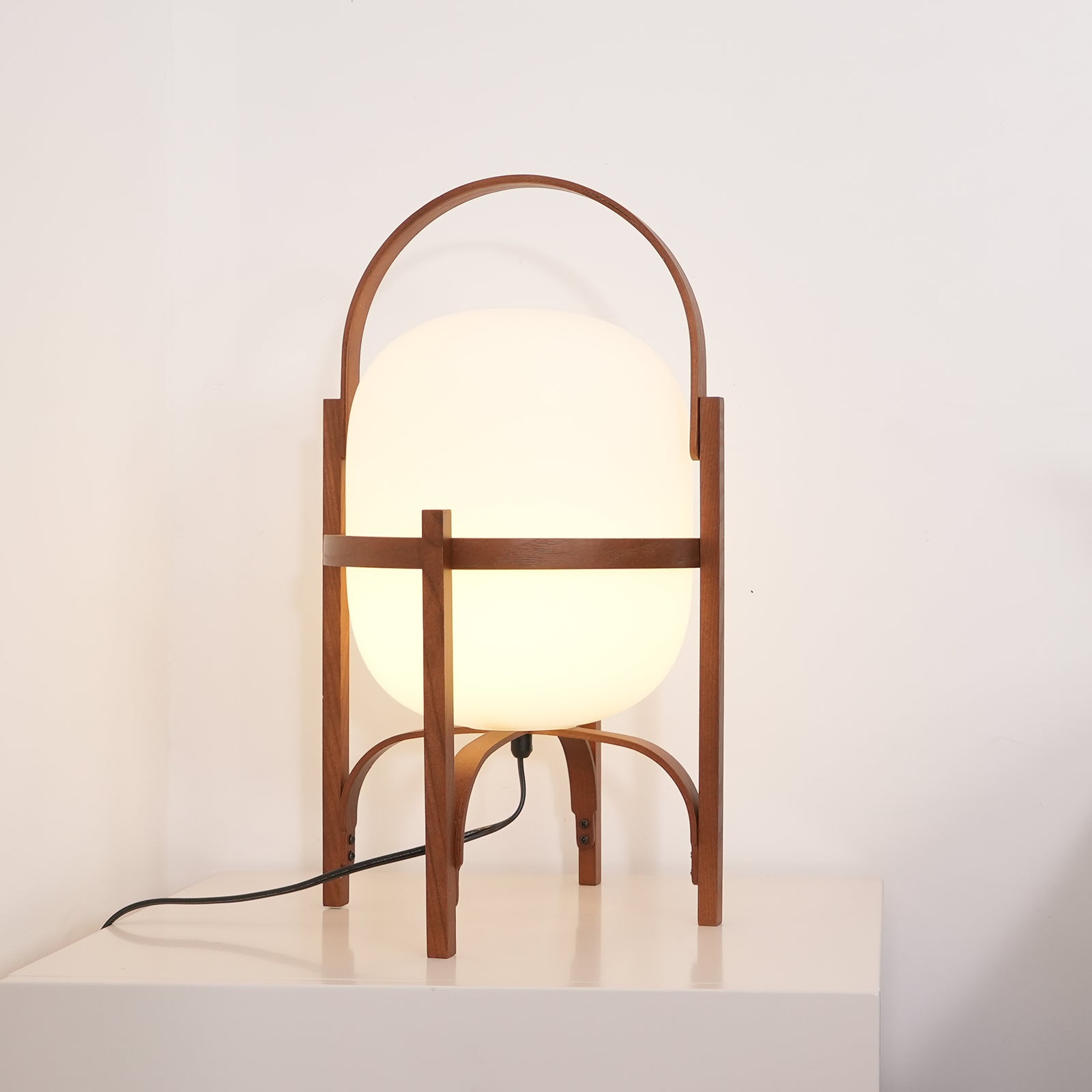 Tafellamp Lantaarn Scandinavisch met Glazen Bol en Houten Frame