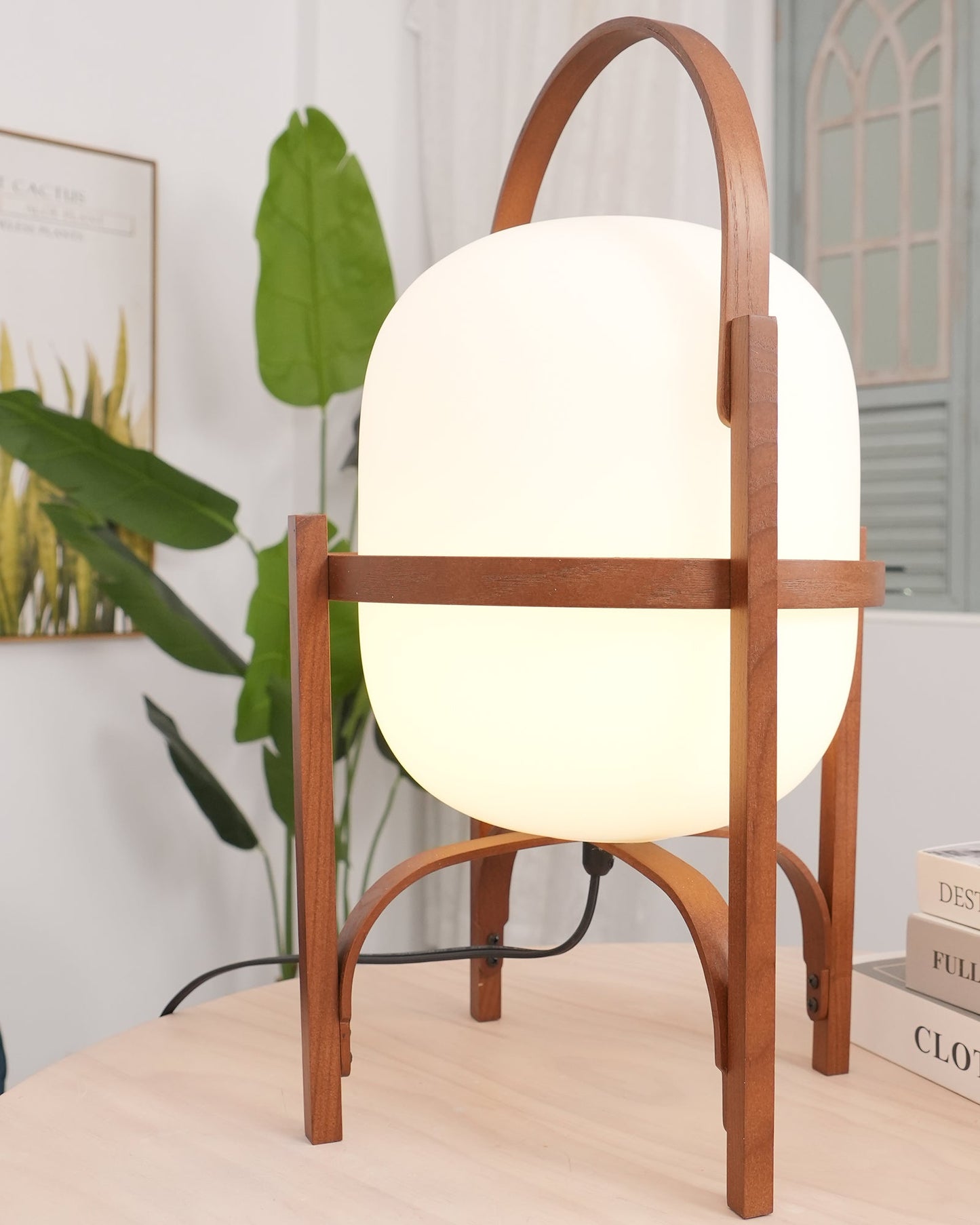 Tafellamp Lantaarn Scandinavisch met Glazen Bol en Houten Frame