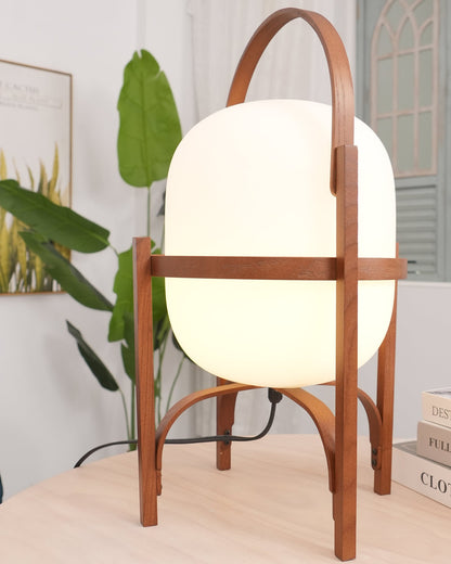 Tafellamp Lantaarn Scandinavisch met Glazen Bol en Houten Frame