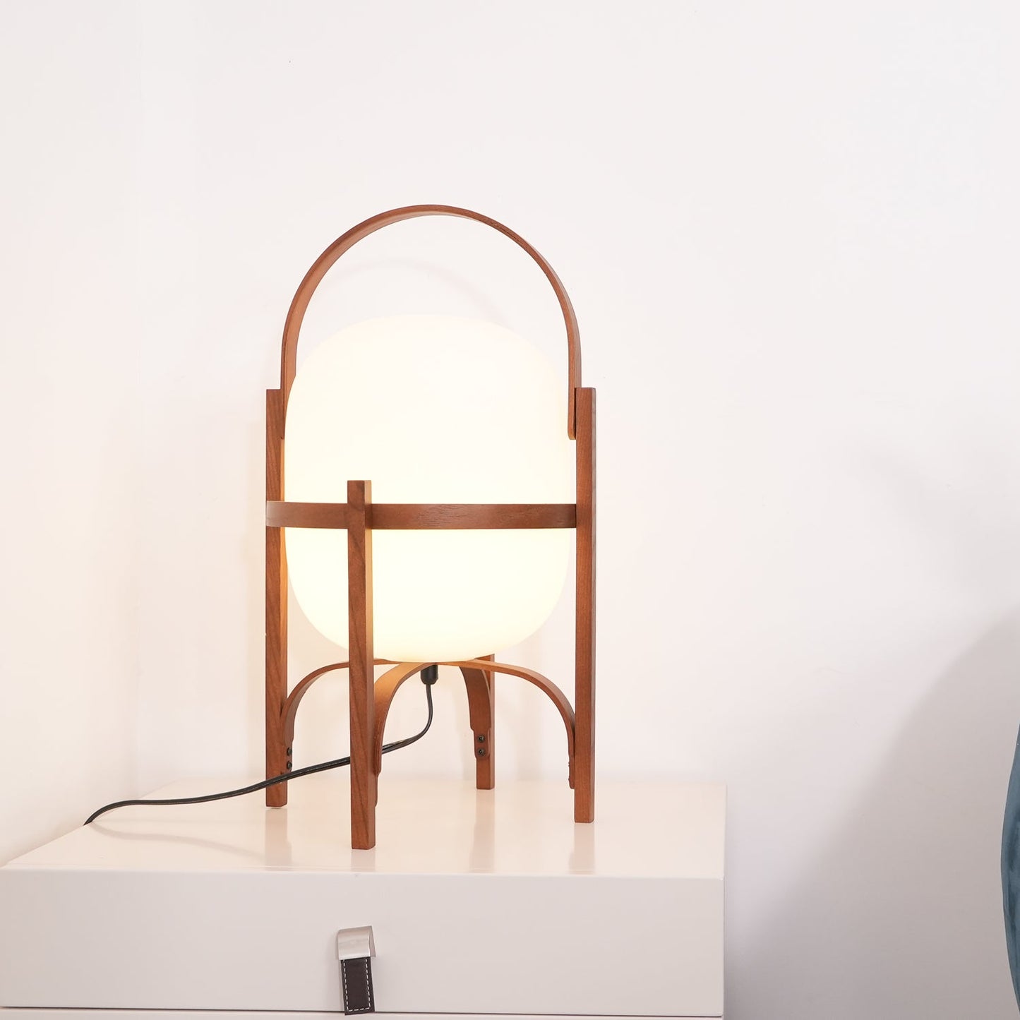 Tafellamp Lantaarn Scandinavisch met Glazen Bol en Houten Frame