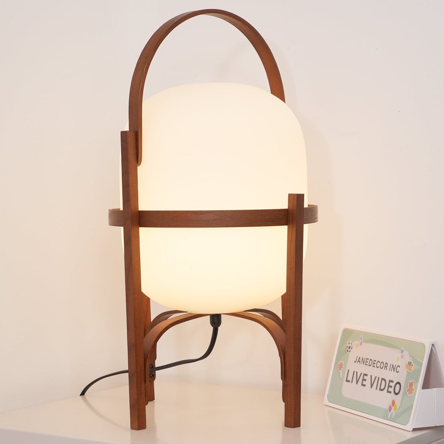 Tafellamp Lantaarn Scandinavisch met Glazen Bol en Houten Frame ##POS:76##