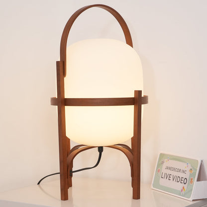 Tafellamp Lantaarn Scandinavisch met Glazen Bol en Houten Frame ##POS:76##