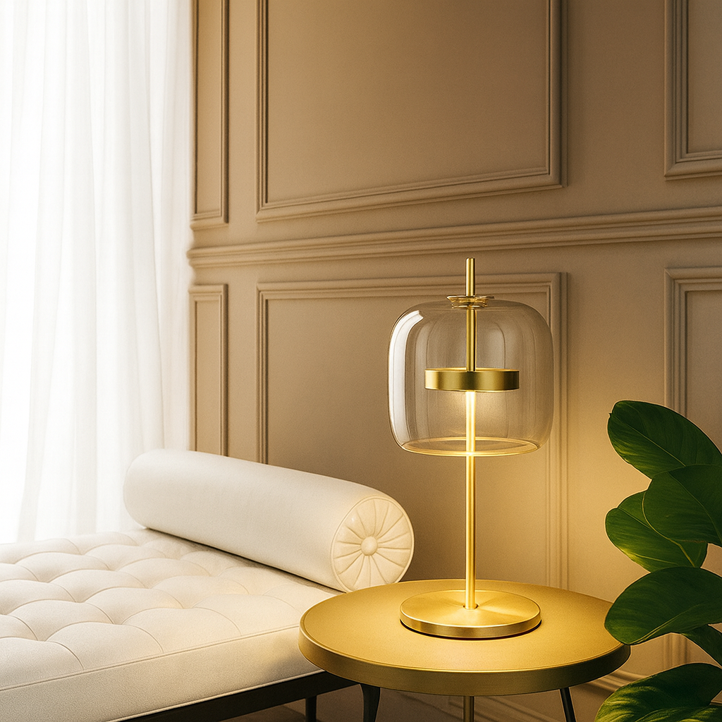 Tafellamp Modern met Glazen Kap en Gouden Voet