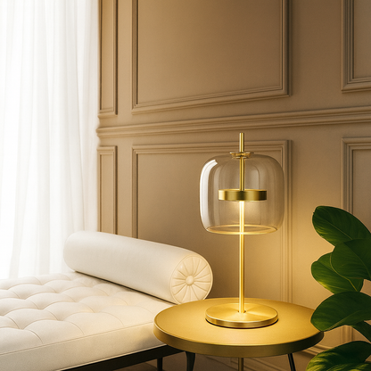 Tafellamp Modern met Glazen Kap en Gouden Voet