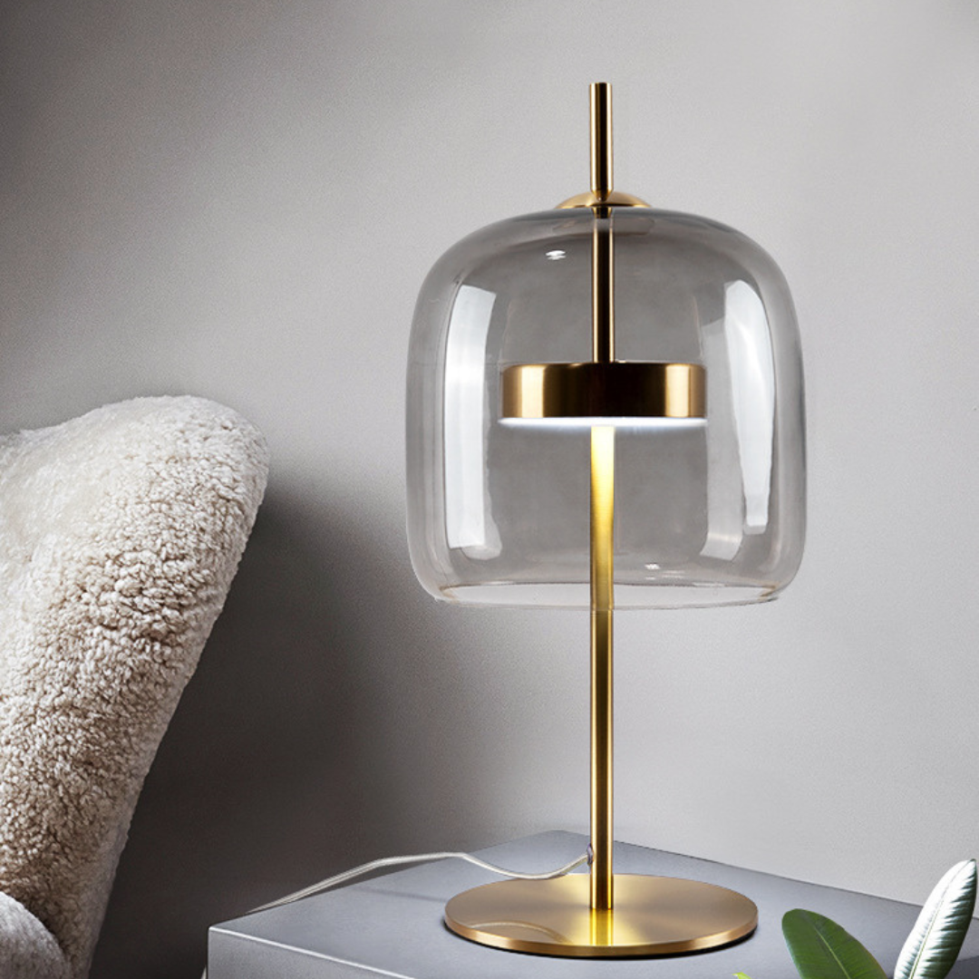 Tafellamp Modern met Glazen Kap en Gouden Voet
