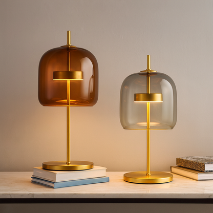 Tafellamp Modern met Glazen Kap en Gouden Voet