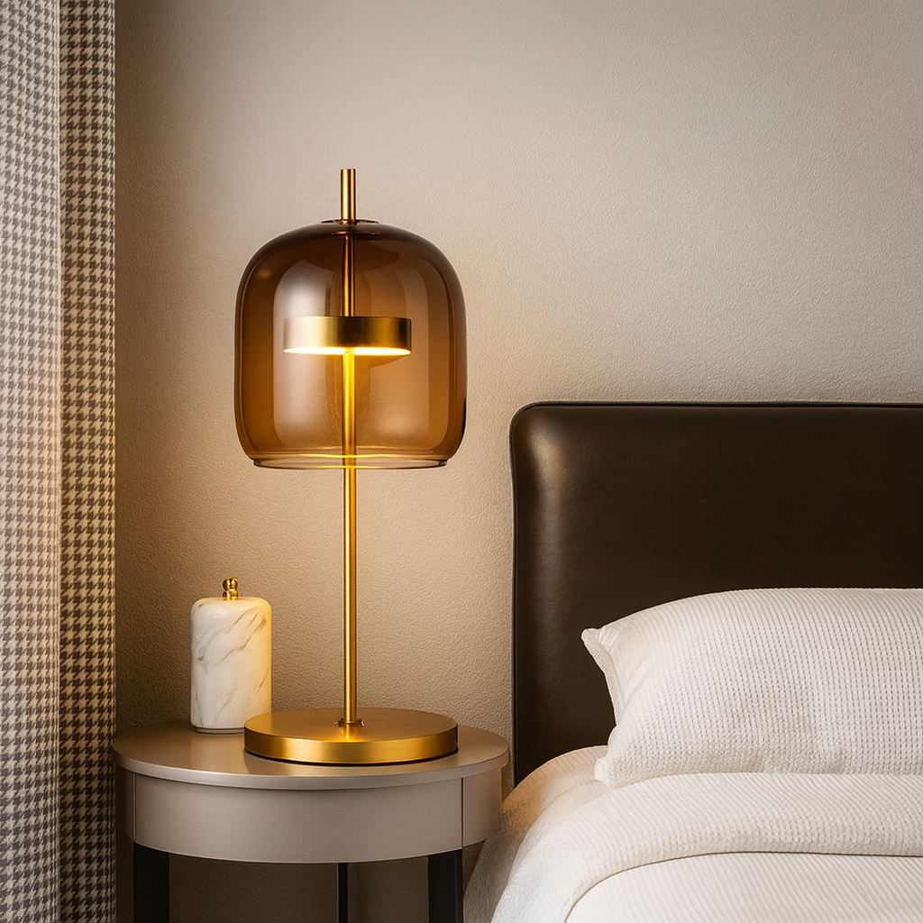 Tafellamp Modern met Glazen Kap en Gouden Voet