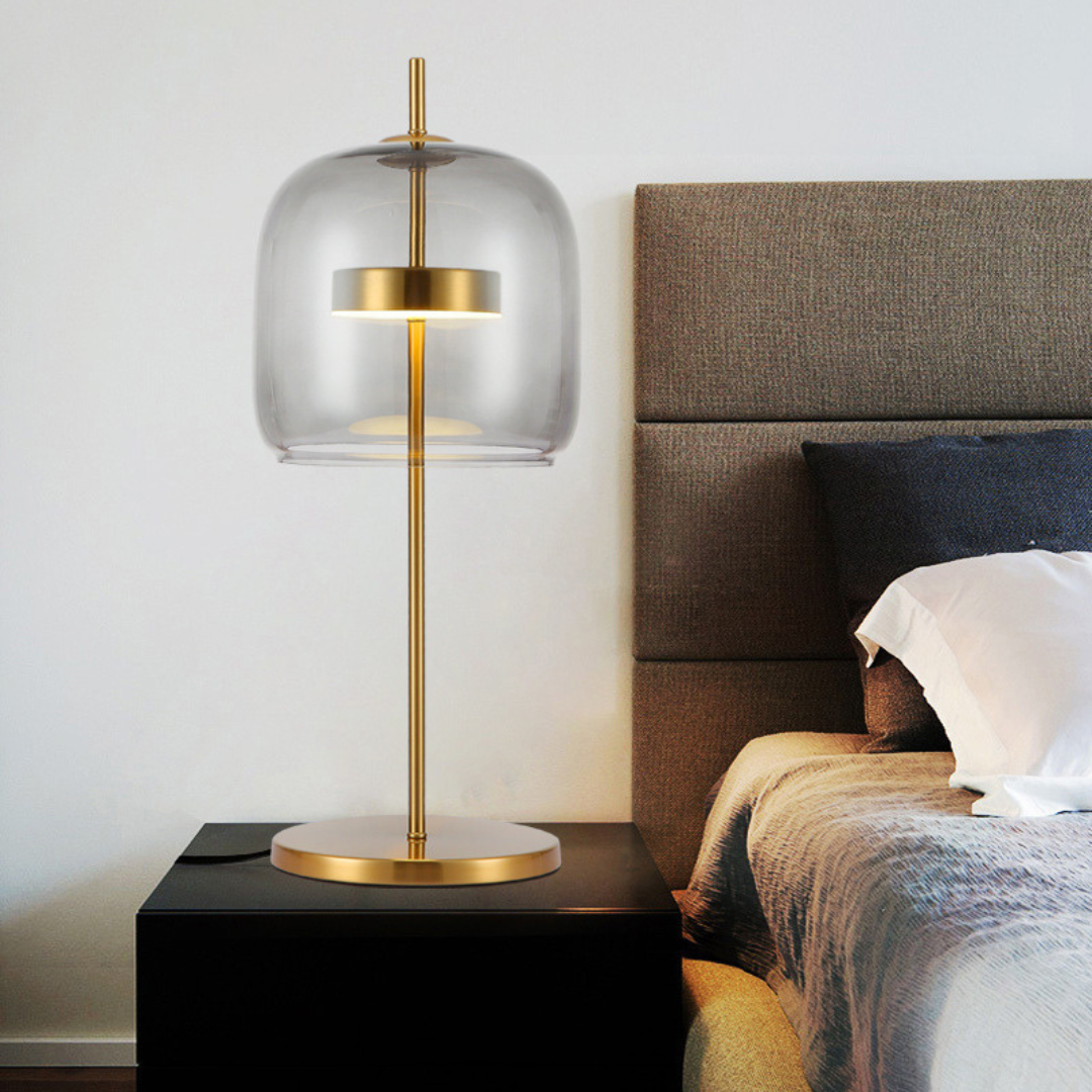Tafellamp Modern met Glazen Kap en Gouden Voet