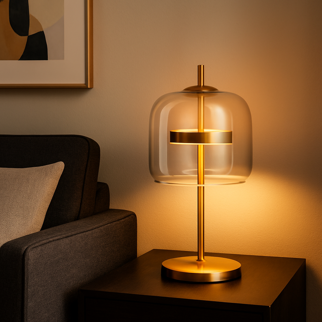 Tafellamp Modern met Glazen Kap en Gouden Voet