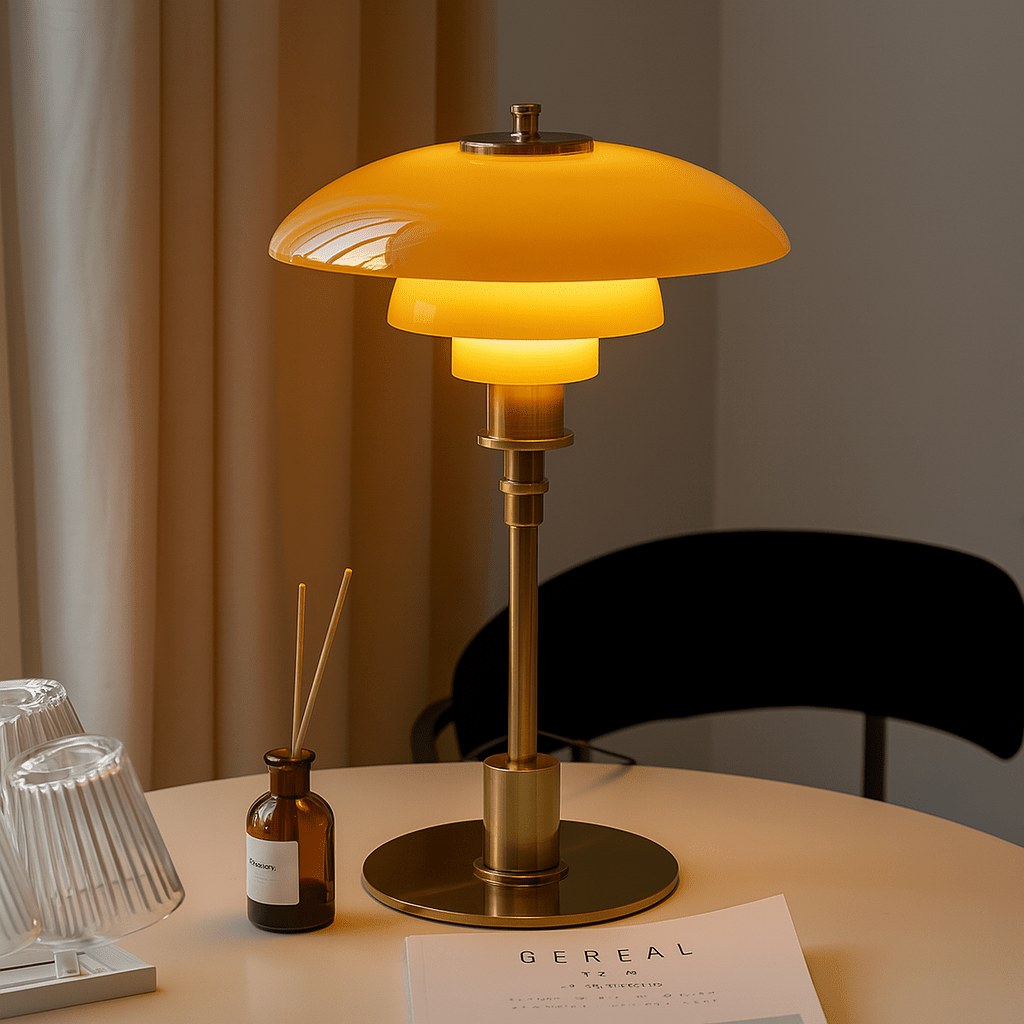Tafellamp Scandinavisch met Gelaagde Glazen Kap en Messing Voet