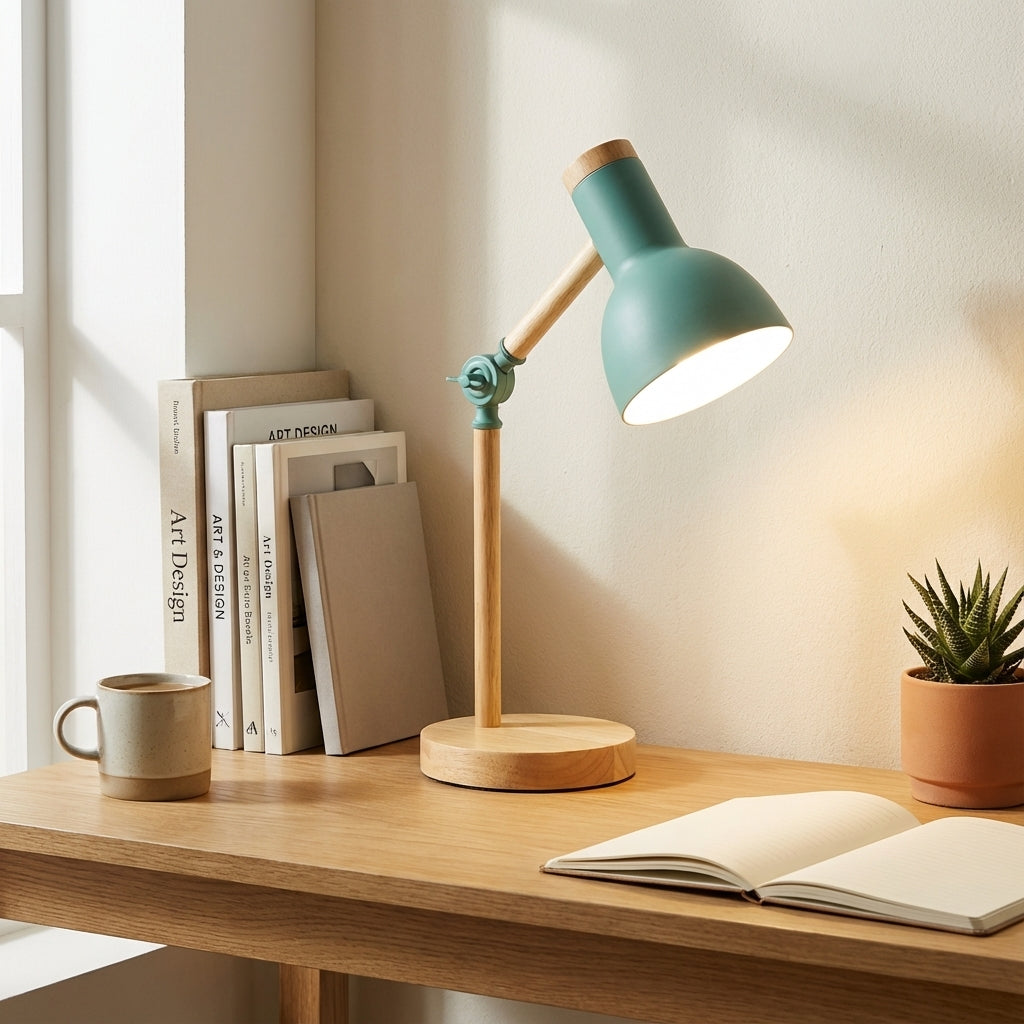 Tafellamp Scandinavisch met Verstelbare Kap en Houten Arm