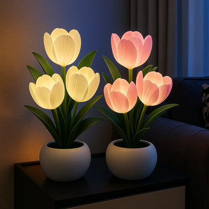 Tafellamp Tulpen met Dimmer en USB Voeding in Ronde Pot