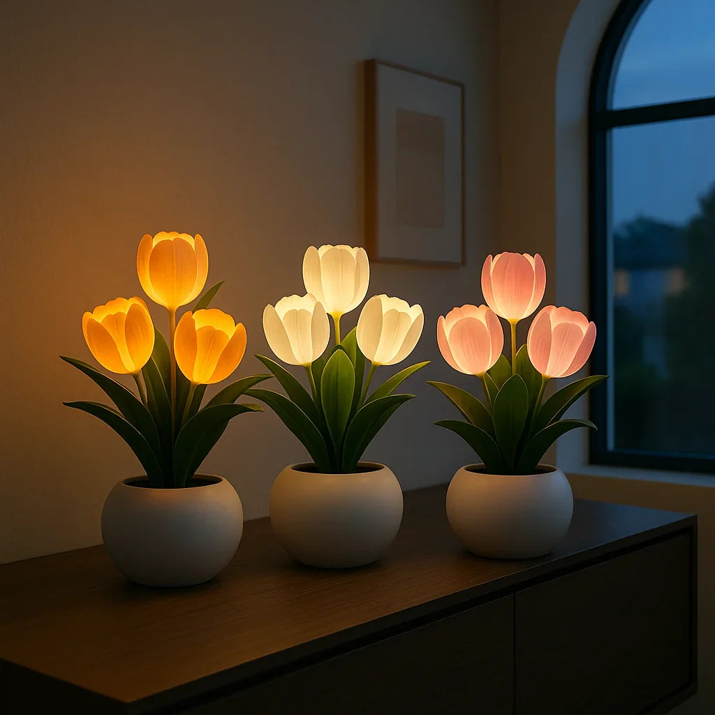 Tafellamp Tulpen met Dimmer en USB Voeding in Ronde Pot