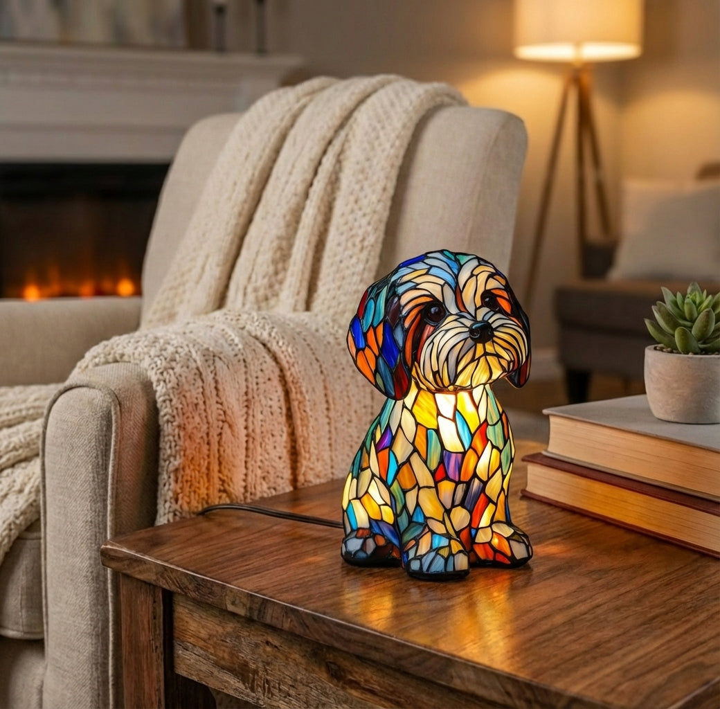Tiffany Tafellamp Hond Art Deco met Glas-in-lood Look en USB Aansluiting