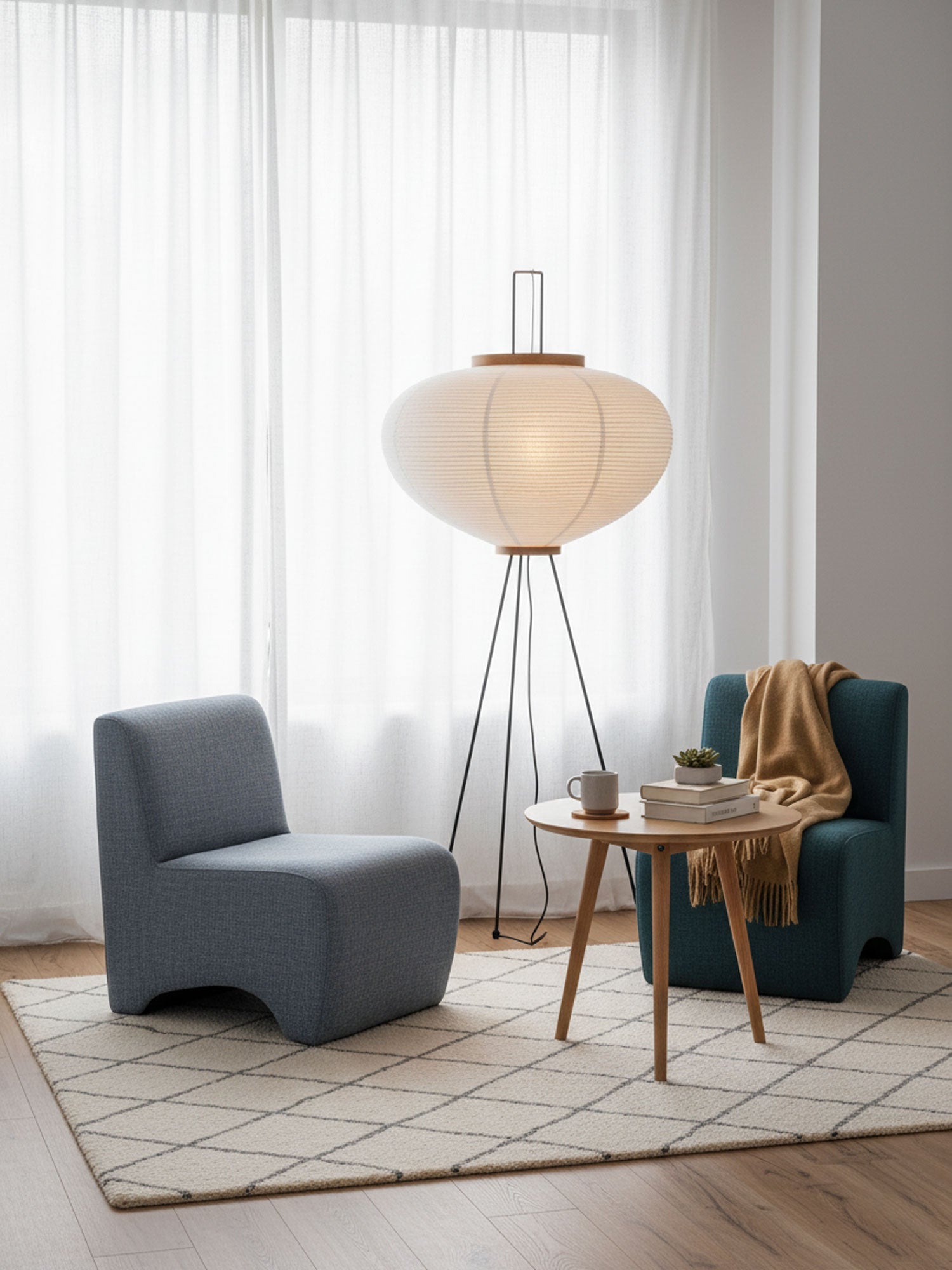 Vloerlamp Japandi Stijl met Rijstpapieren Kap en Driepoot Statief