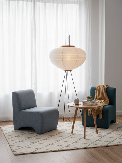 Vloerlamp Japandi Stijl met Rijstpapieren Kap en Driepoot Statief