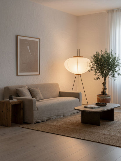 Vloerlamp Japandi Stijl met Rijstpapieren Kap en Driepoot Statief
