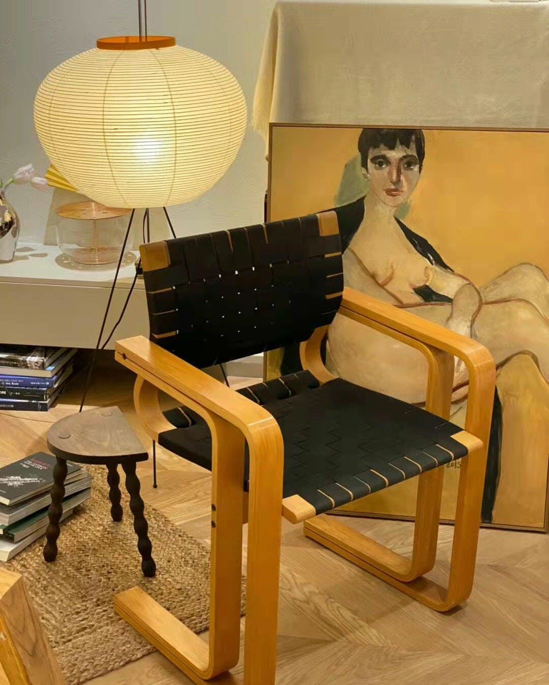Vloerlamp Japandi Stijl met Rijstpapieren Kap en Driepoot Statief