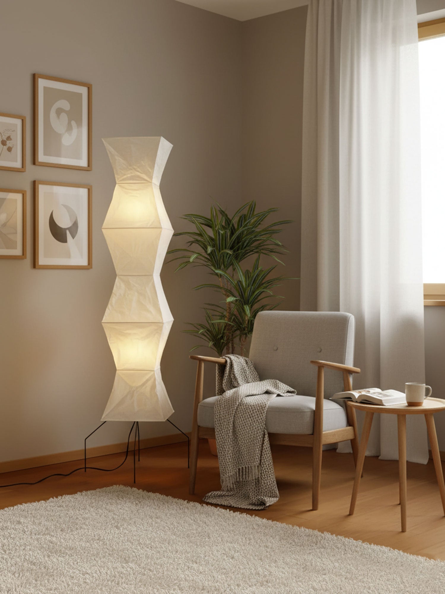 Vloerlamp Japandi Stijl met Rijstpapieren Kap en Driepoot Statief