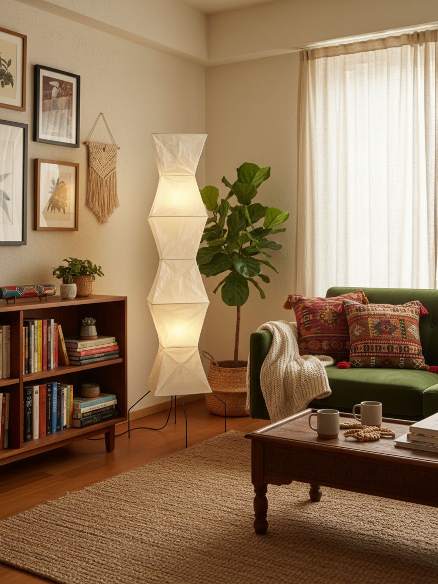 Vloerlamp Japandi Stijl met Rijstpapieren Kap en Driepoot Statief