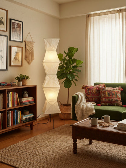 Vloerlamp Japandi Stijl met Rijstpapieren Kap en Driepoot Statief