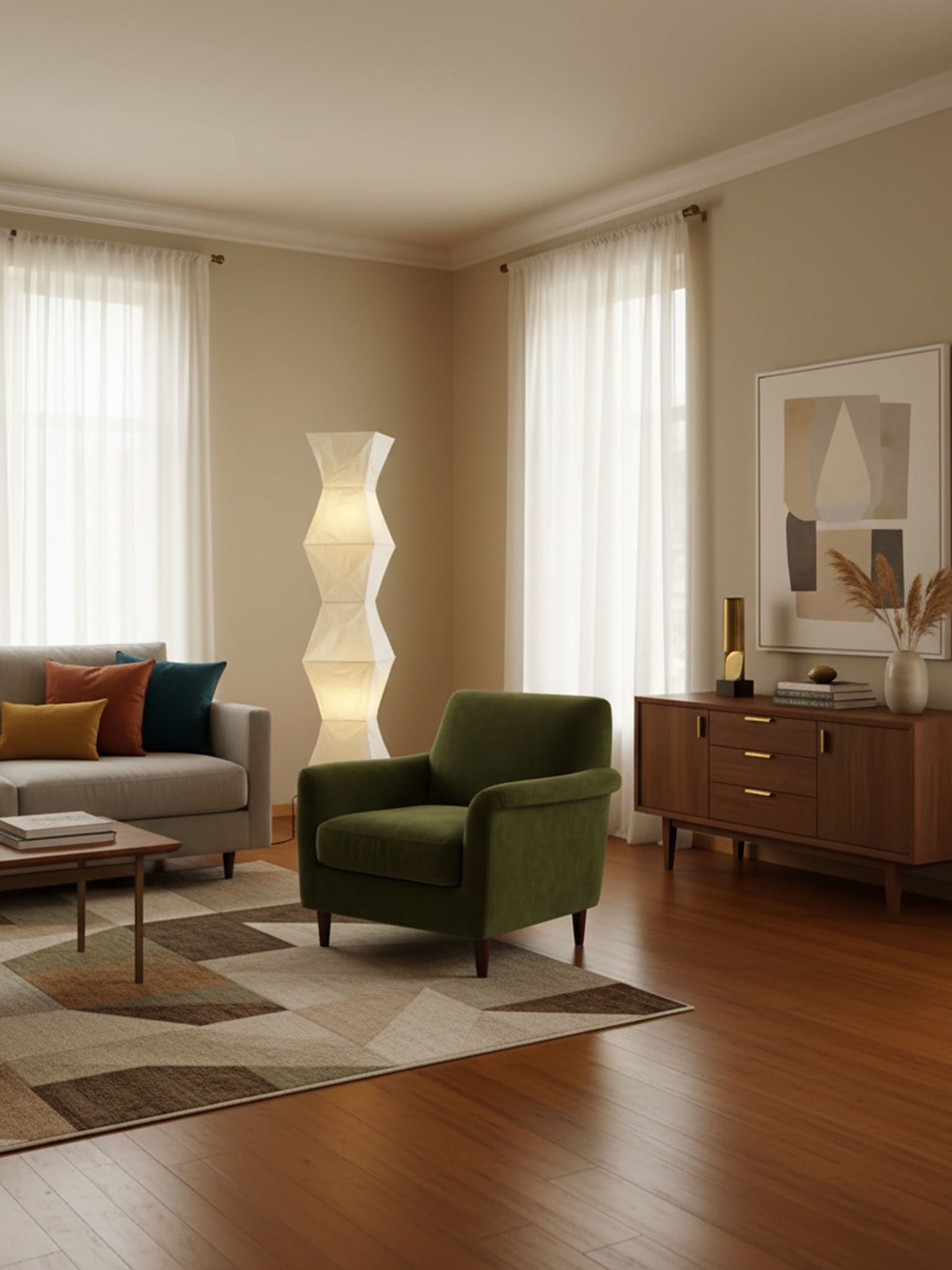 Vloerlamp Japandi Stijl met Rijstpapieren Kap en Driepoot Statief