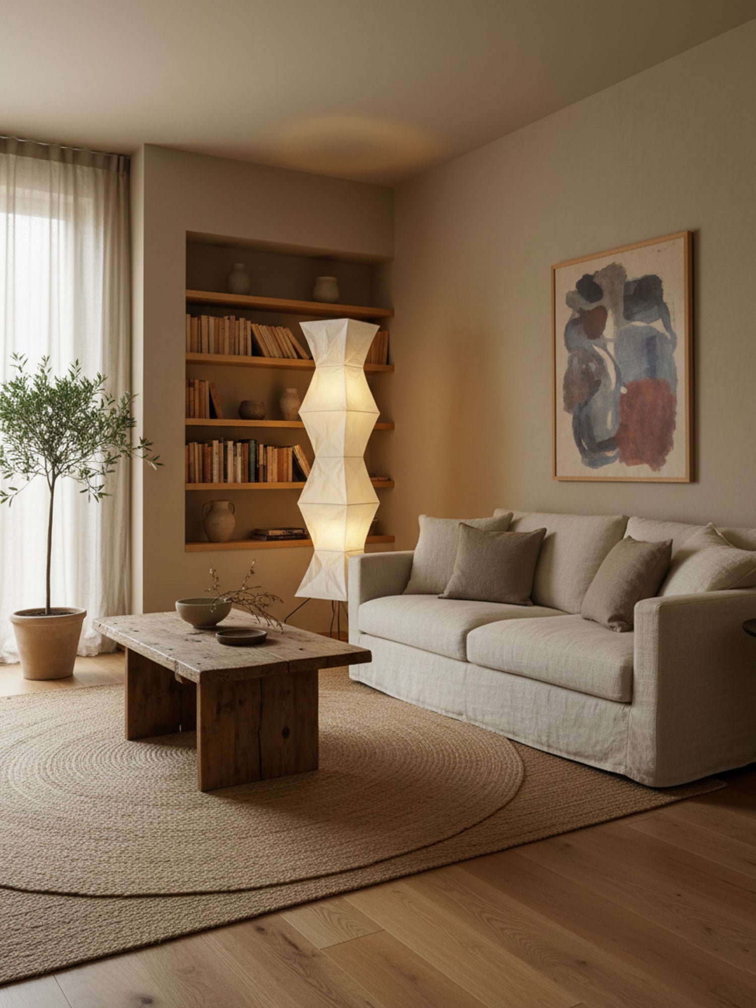 Vloerlamp Japandi Stijl met Rijstpapieren Kap en Driepoot Statief