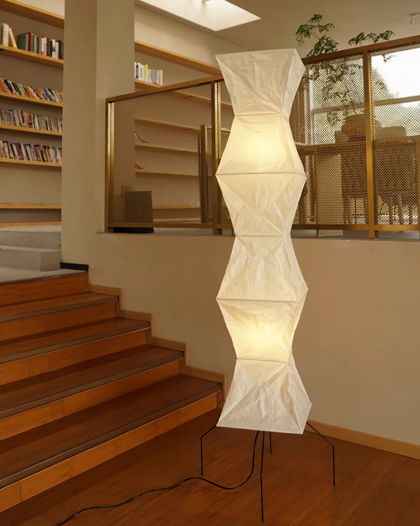 Vloerlamp Japandi Stijl met Rijstpapieren Kap en Driepoot Statief