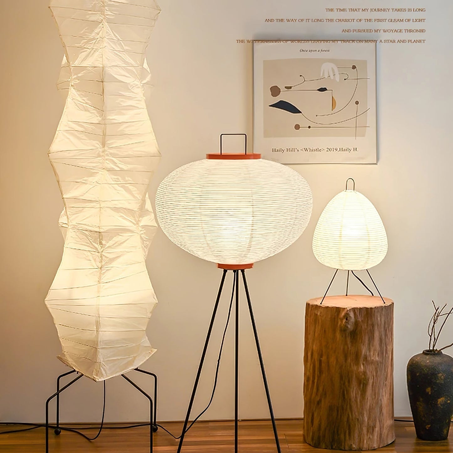 Vloerlamp Japandi Stijl met Rijstpapieren Kap en Driepoot Statief