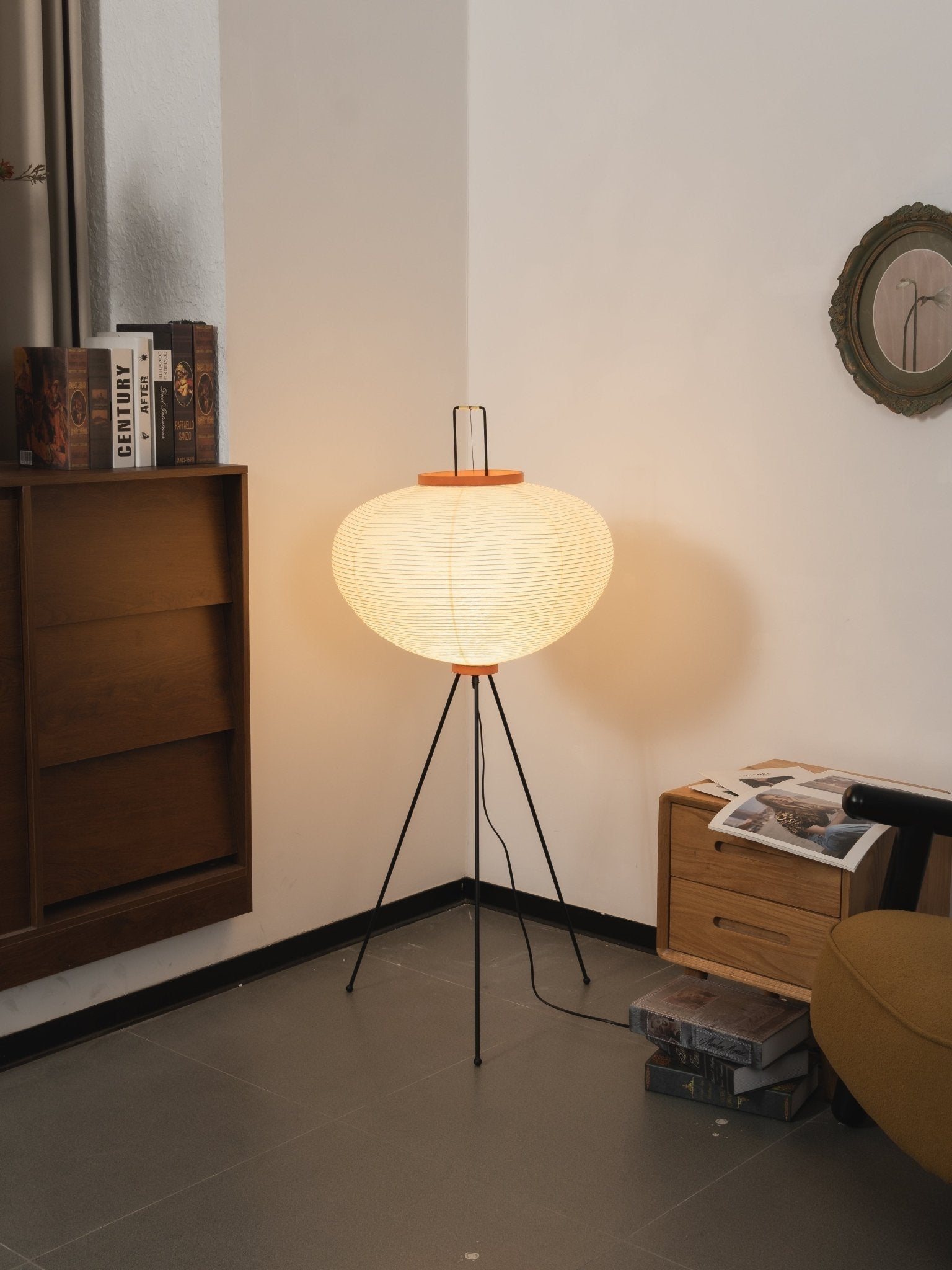Vloerlamp Japandi Stijl met Rijstpapieren Kap en Driepoot Statief