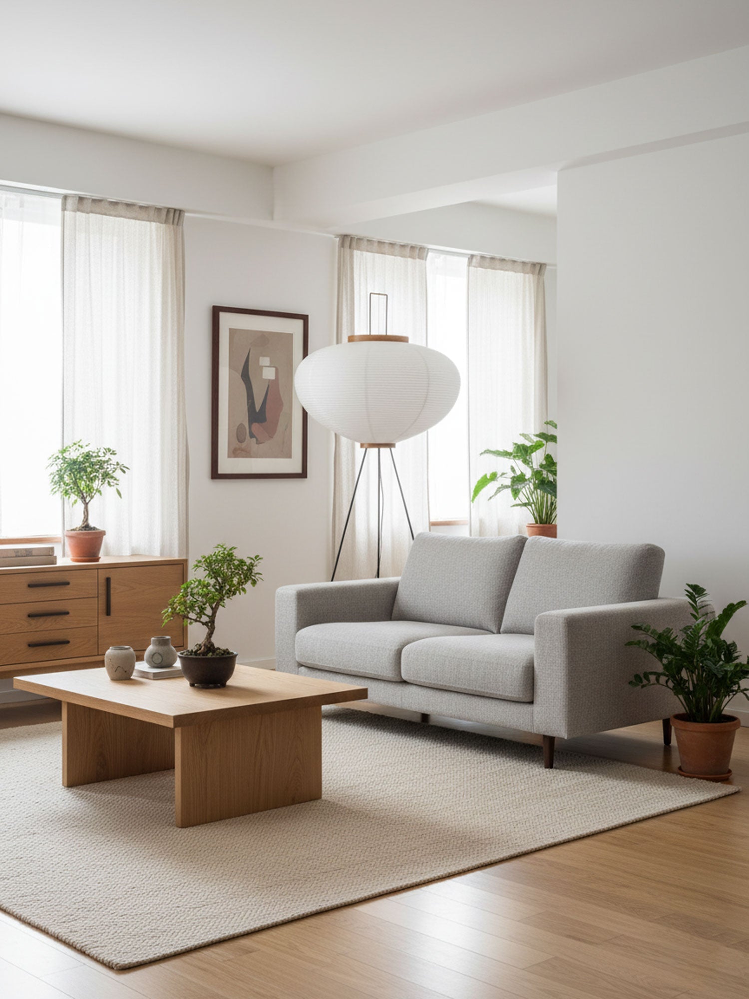 Vloerlamp Japandi Stijl met Rijstpapieren Kap en Driepoot Statief
