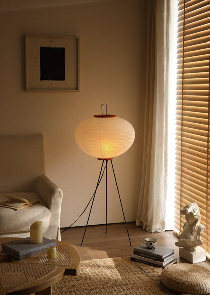 Vloerlamp Japandi Stijl met Rijstpapieren Kap en Driepoot Statief