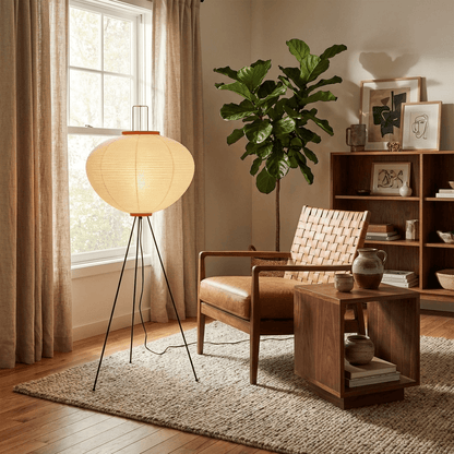 Vloerlamp Japandi Stijl met Rijstpapieren Kap en Driepoot Statief