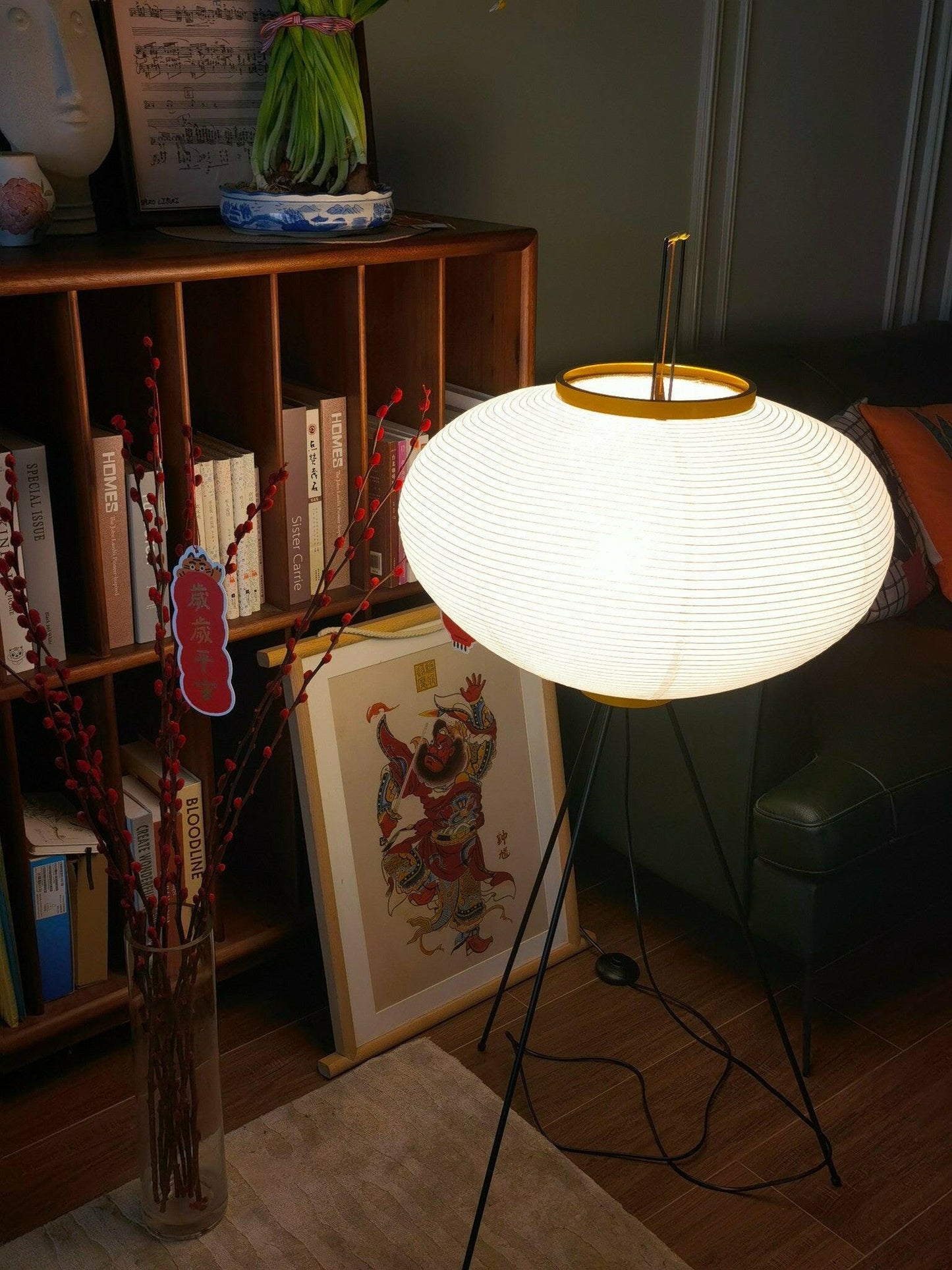 Vloerlamp Japandi Stijl met Rijstpapieren Kap en Driepoot Statief