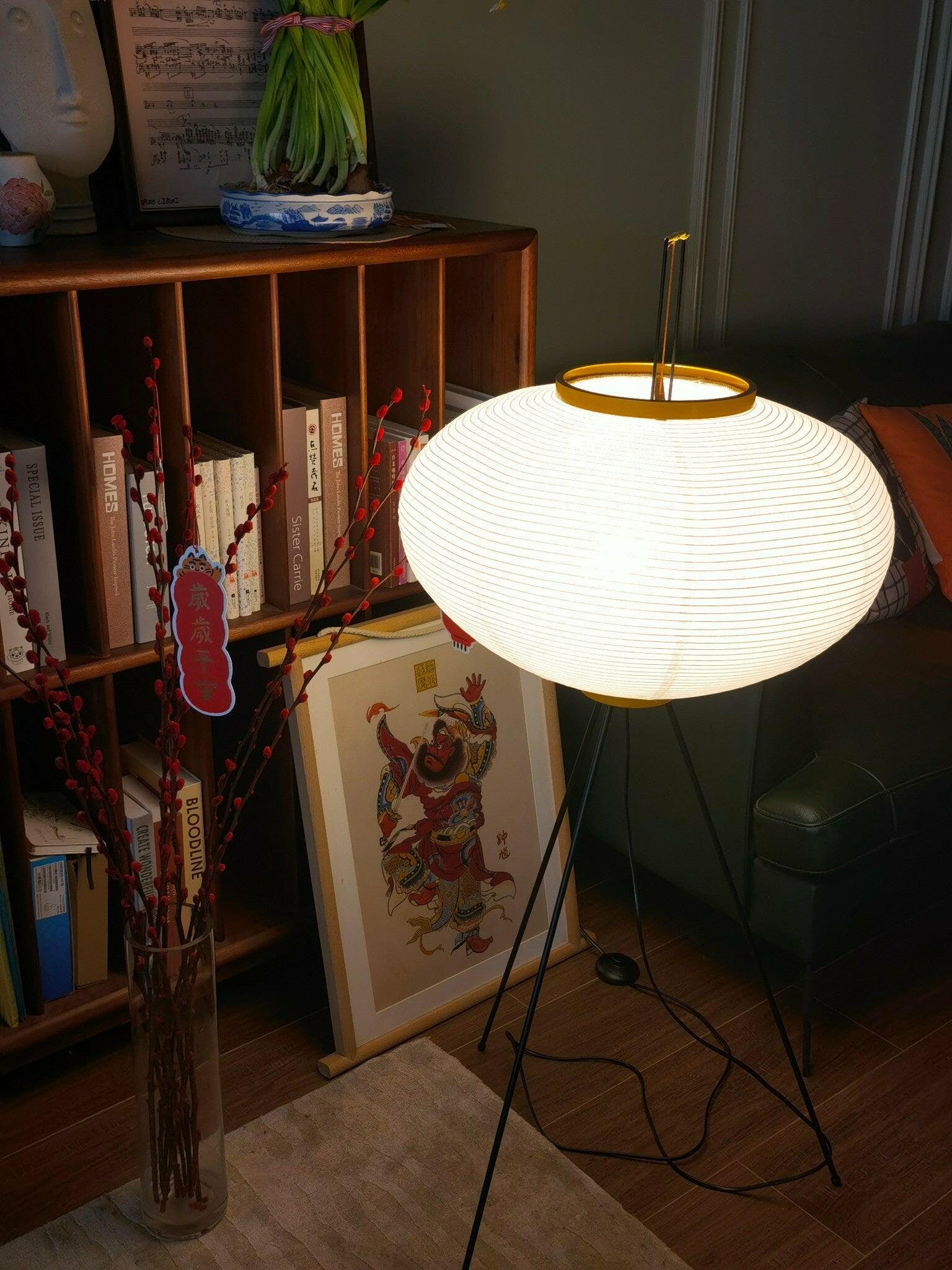 Vloerlamp Japandi Stijl met Rijstpapieren Kap en Driepoot Statief