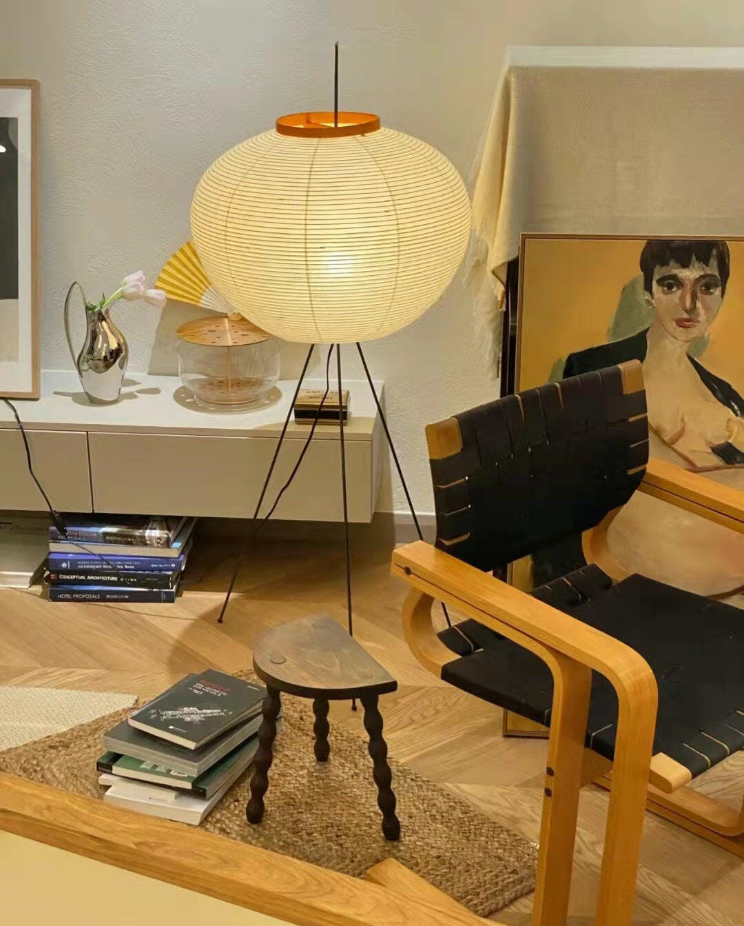 Vloerlamp Japandi Stijl met Rijstpapieren Kap en Driepoot Statief