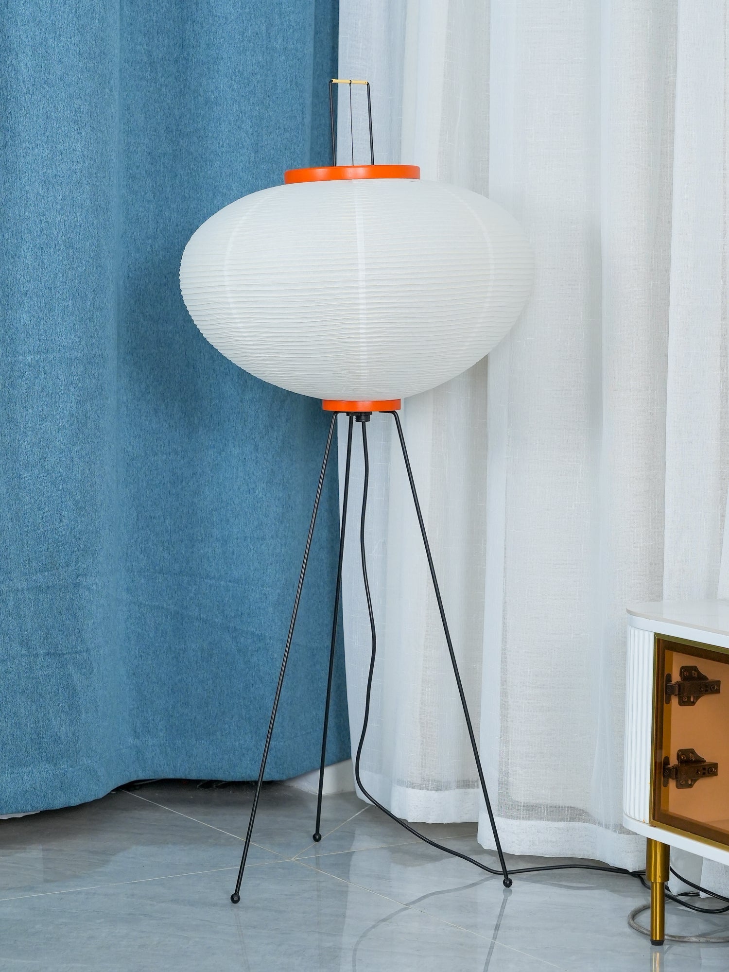 Vloerlamp Japandi Stijl met Rijstpapieren Kap en Driepoot Statief
