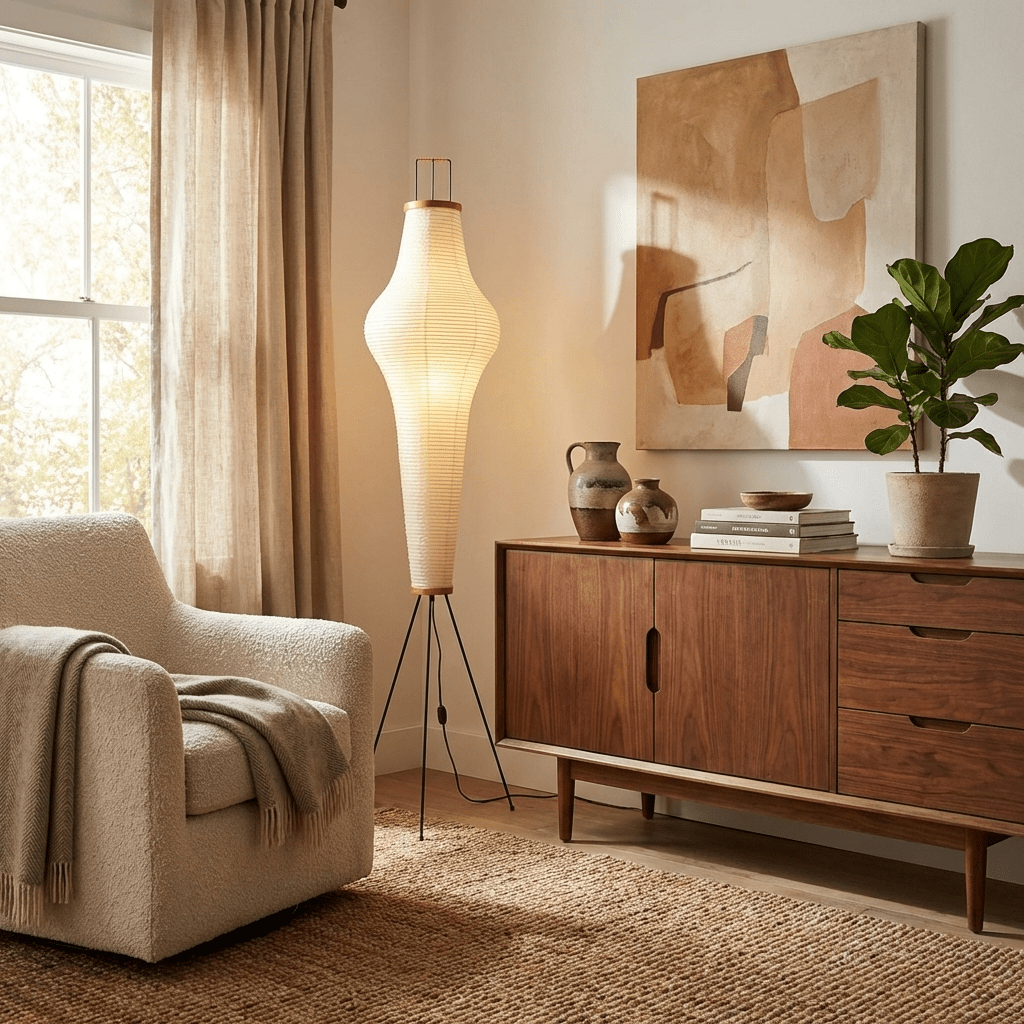 Vloerlamp Japandi Stijl met Rijstpapieren Kap en Driepoot Statief