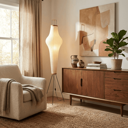 Vloerlamp Japandi Stijl met Rijstpapieren Kap en Driepoot Statief