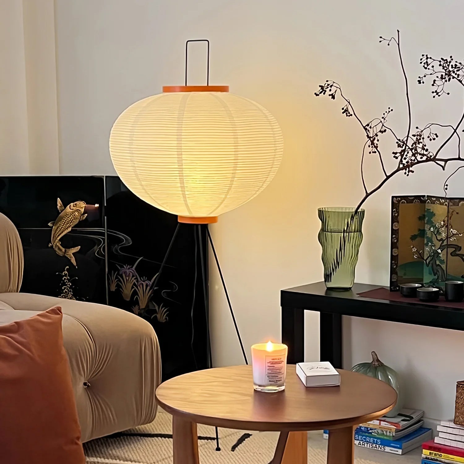 Vloerlamp Japandi Stijl met Rijstpapieren Kap en Driepoot Statief