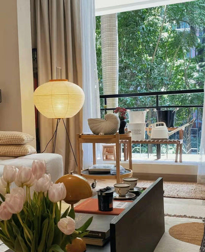 Vloerlamp Japandi Stijl met Rijstpapieren Kap en Driepoot Statief
