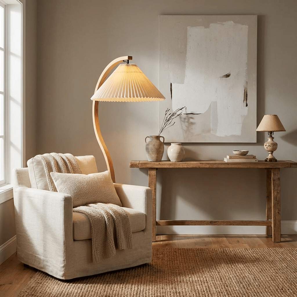 Vloerlamp Scandinavisch met Geplisseerde Kap en Boogvorm